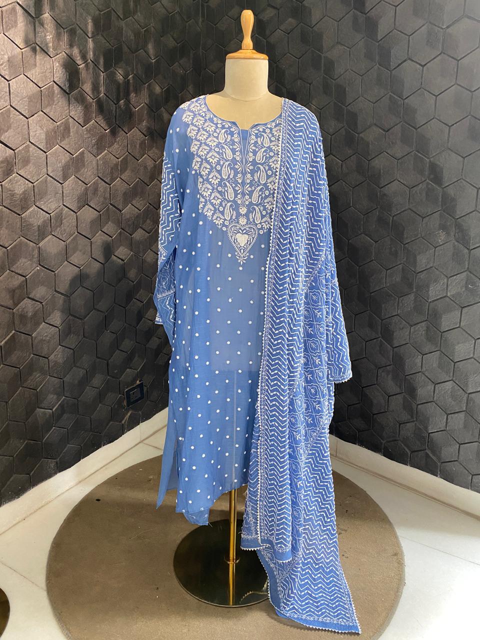 Cobalt Blue Mul chanderi chikankari with heavy dupatta kurta set