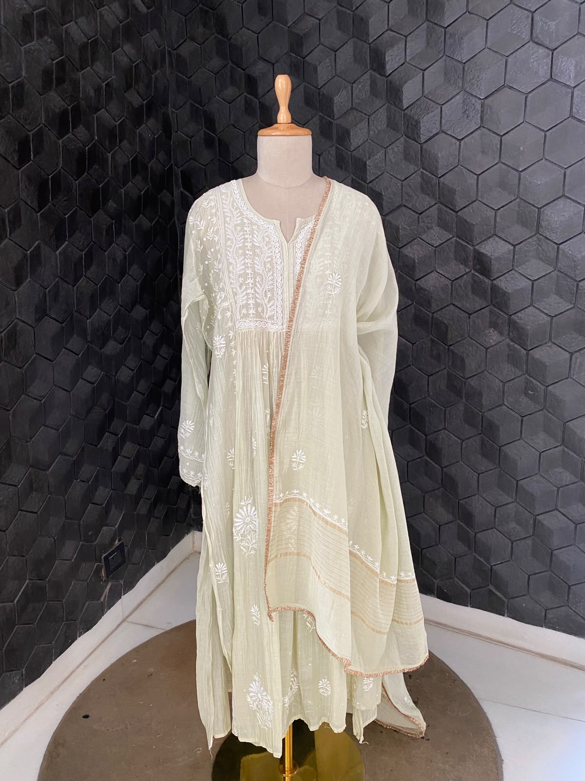 Pista Green Mul Chanderi Chikankari Kurta Set