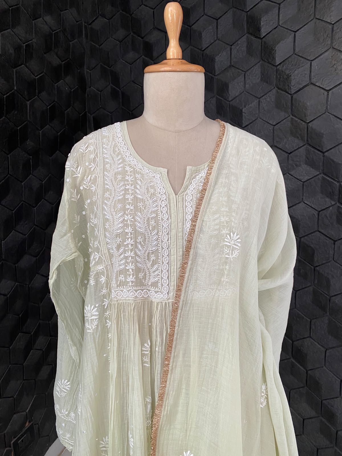 Pista Green Mul Chanderi Chikankari Kurta Set