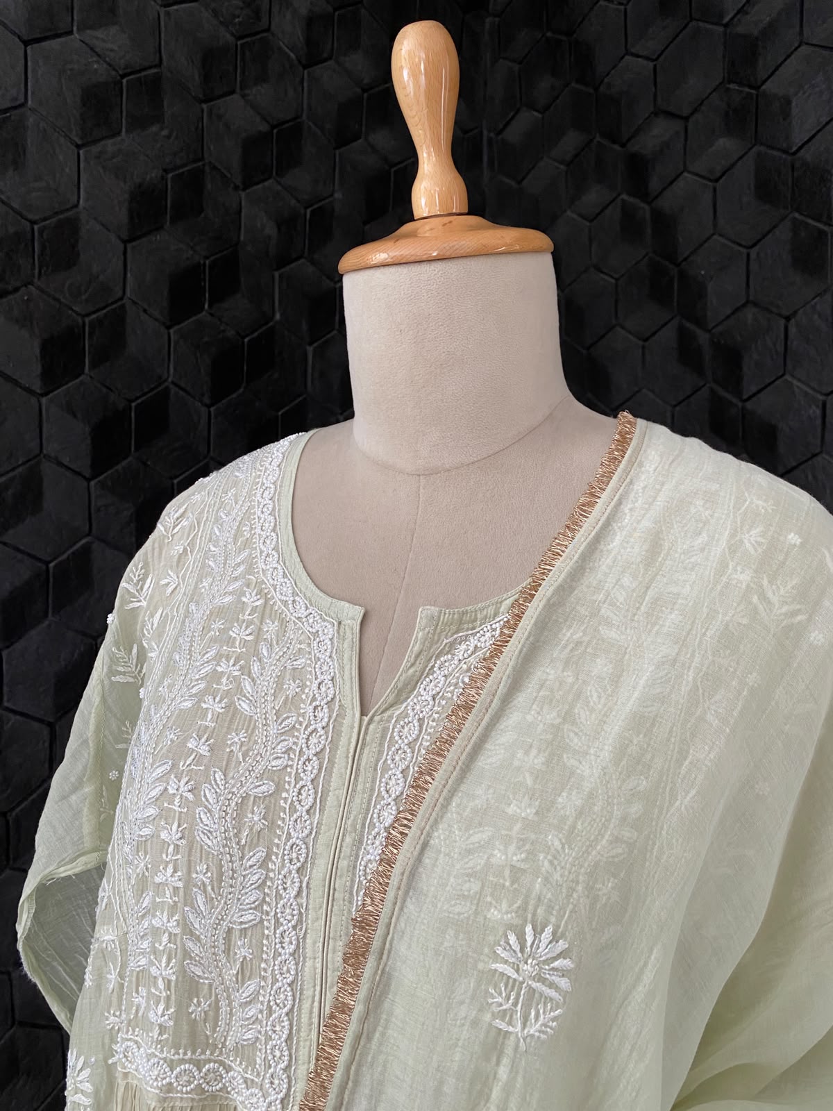 Pista Green Mul Chanderi Chikankari Kurta Set