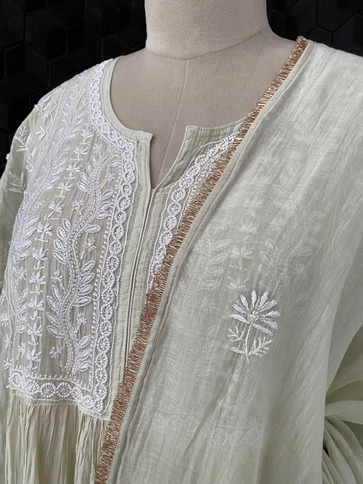 Pista Green Mul Chanderi Chikankari Kurta Set