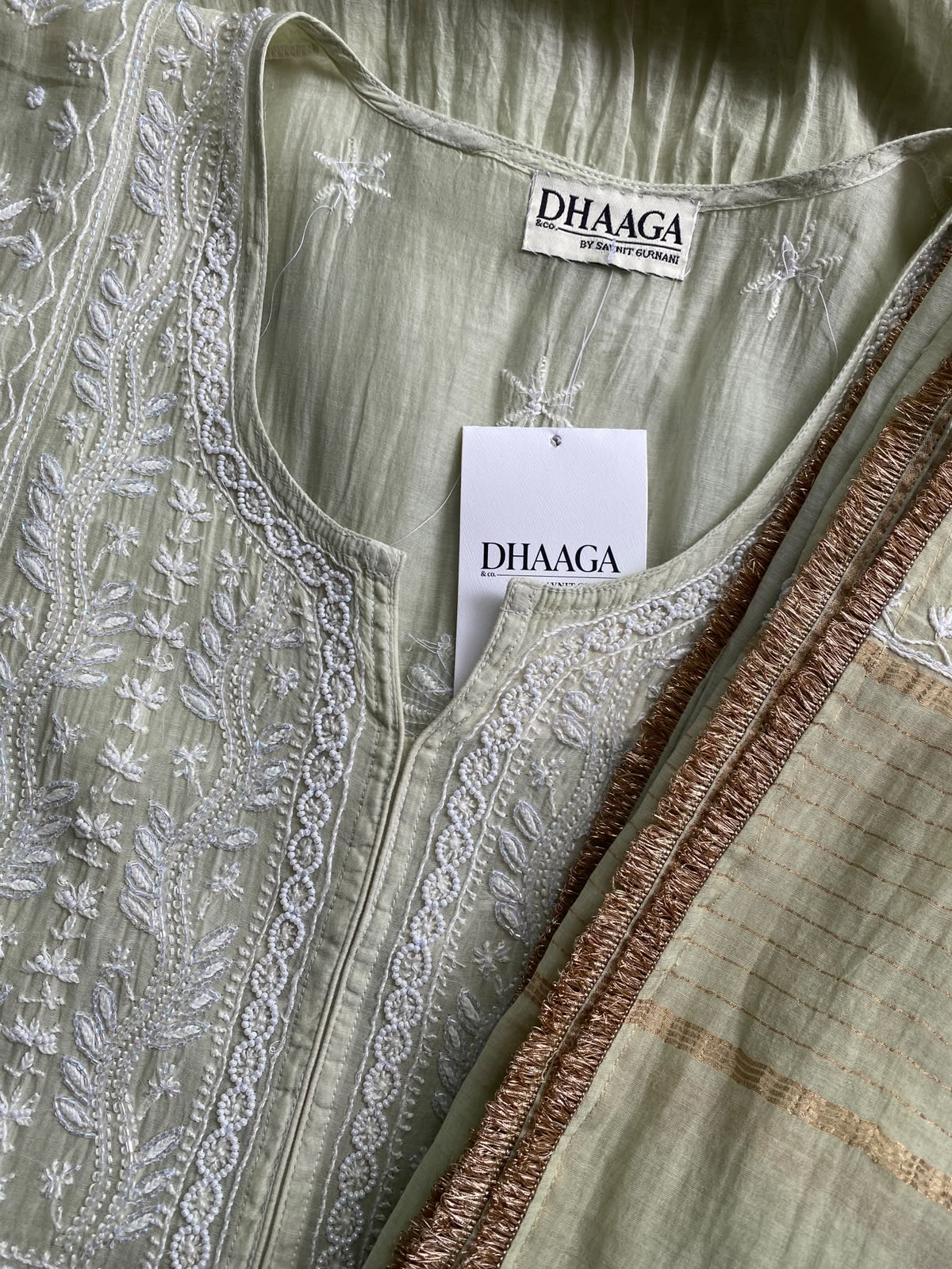 Pista Green Mul Chanderi Chikankari Kurta Set