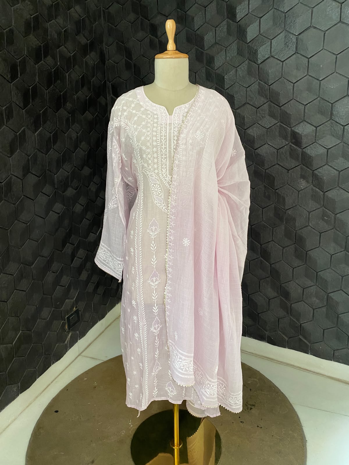 Powder Pink Mul Chanderi Chikankari Kurta Set