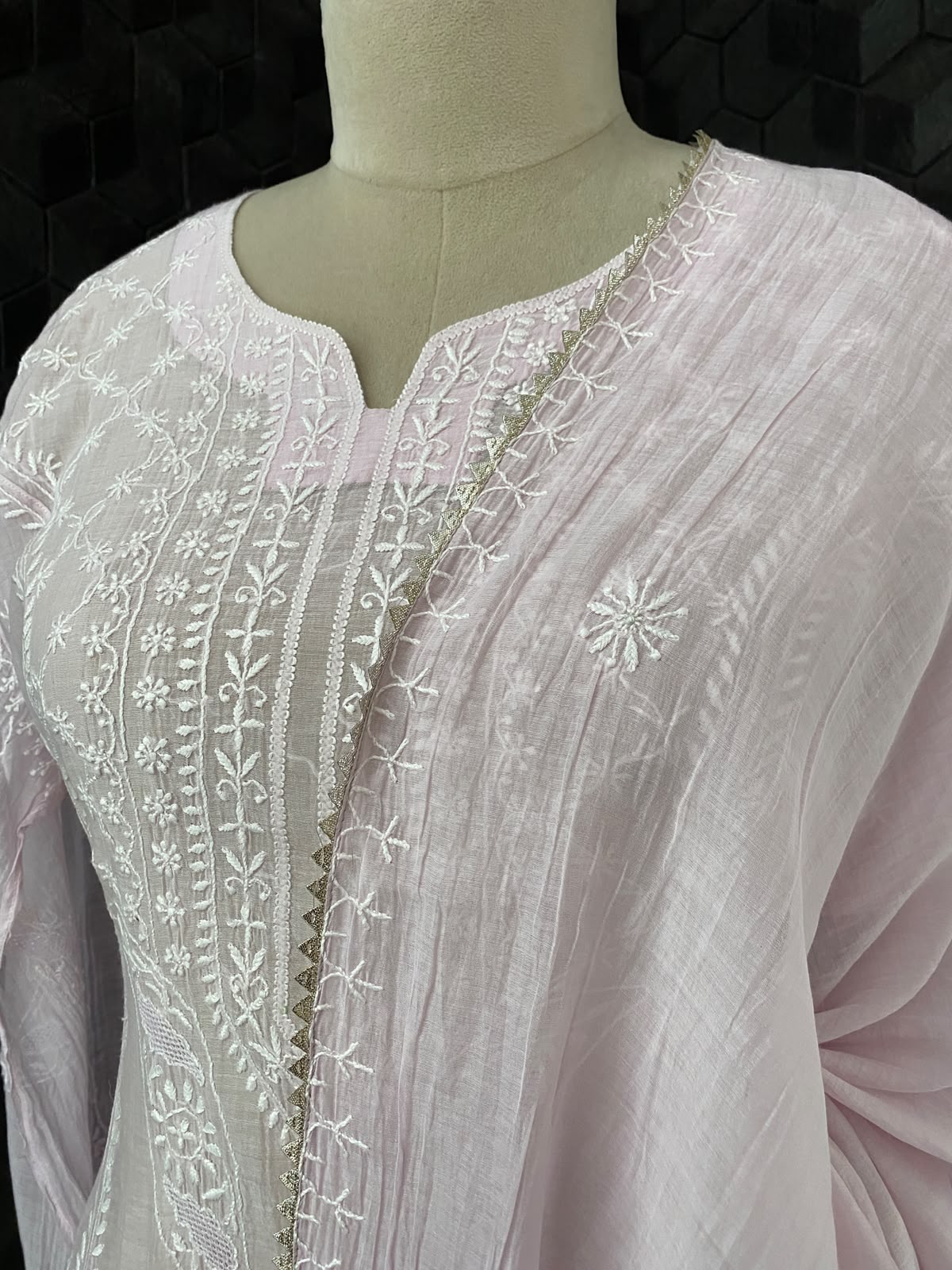 Powder Pink Mul Chanderi Chikankari Kurta Set