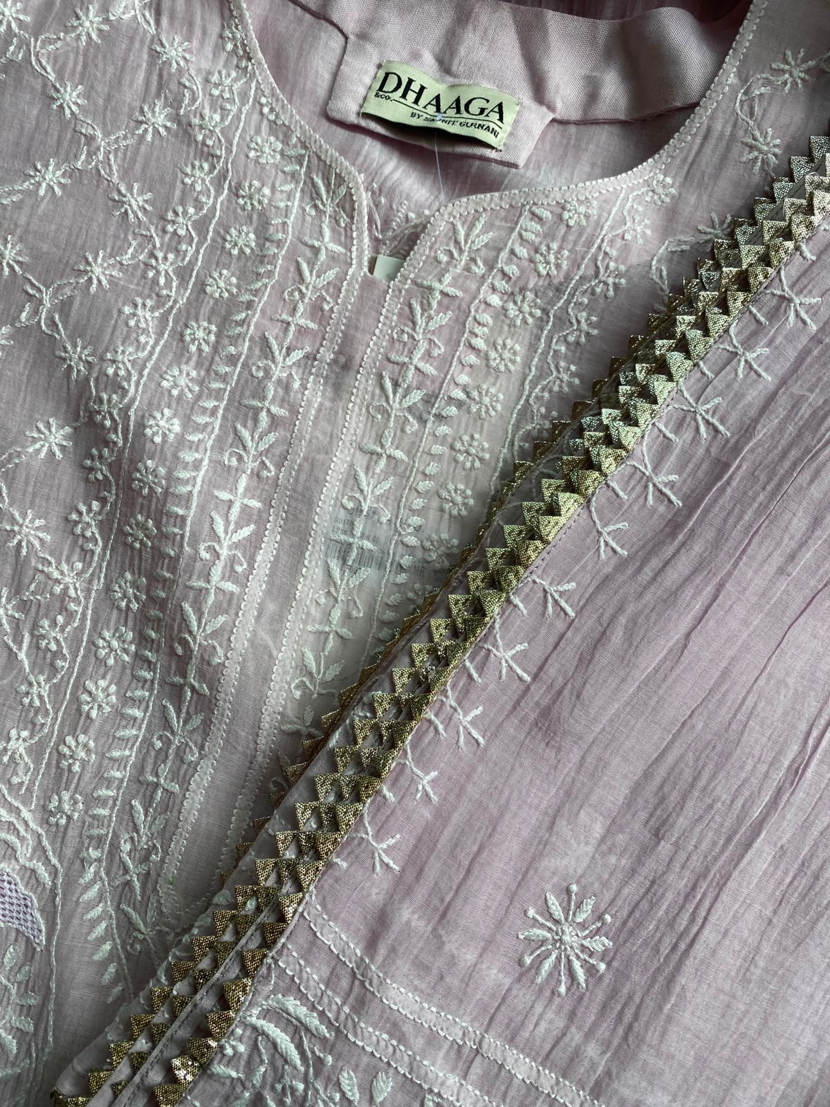 Powder Pink Mul Chanderi Chikankari Kurta Set