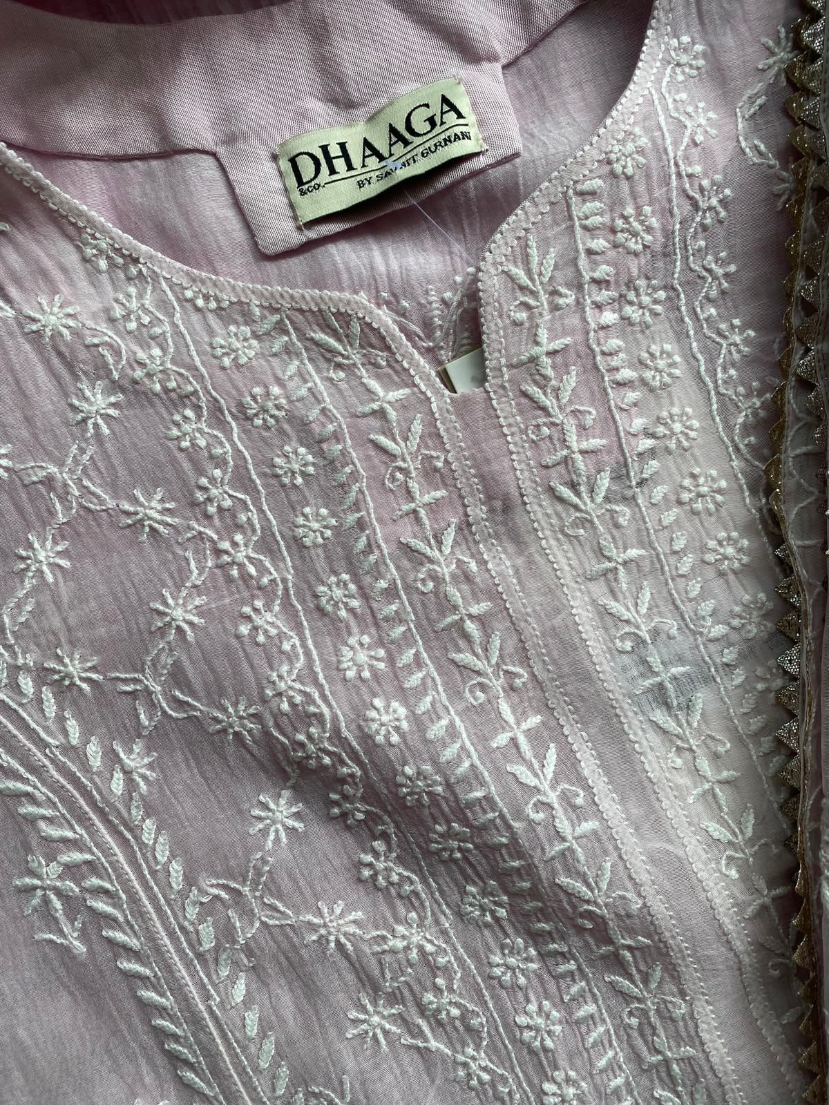 Powder Pink Mul Chanderi Chikankari Kurta Set