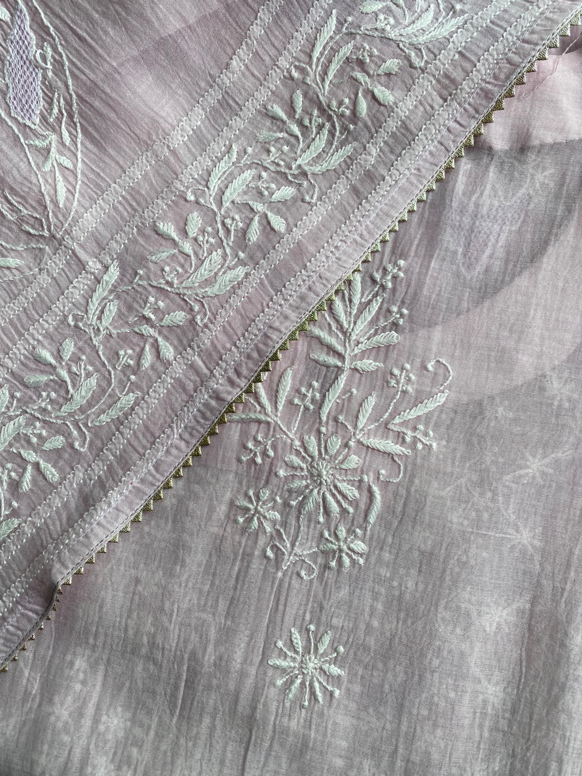 Powder Pink Mul Chanderi Chikankari Kurta Set