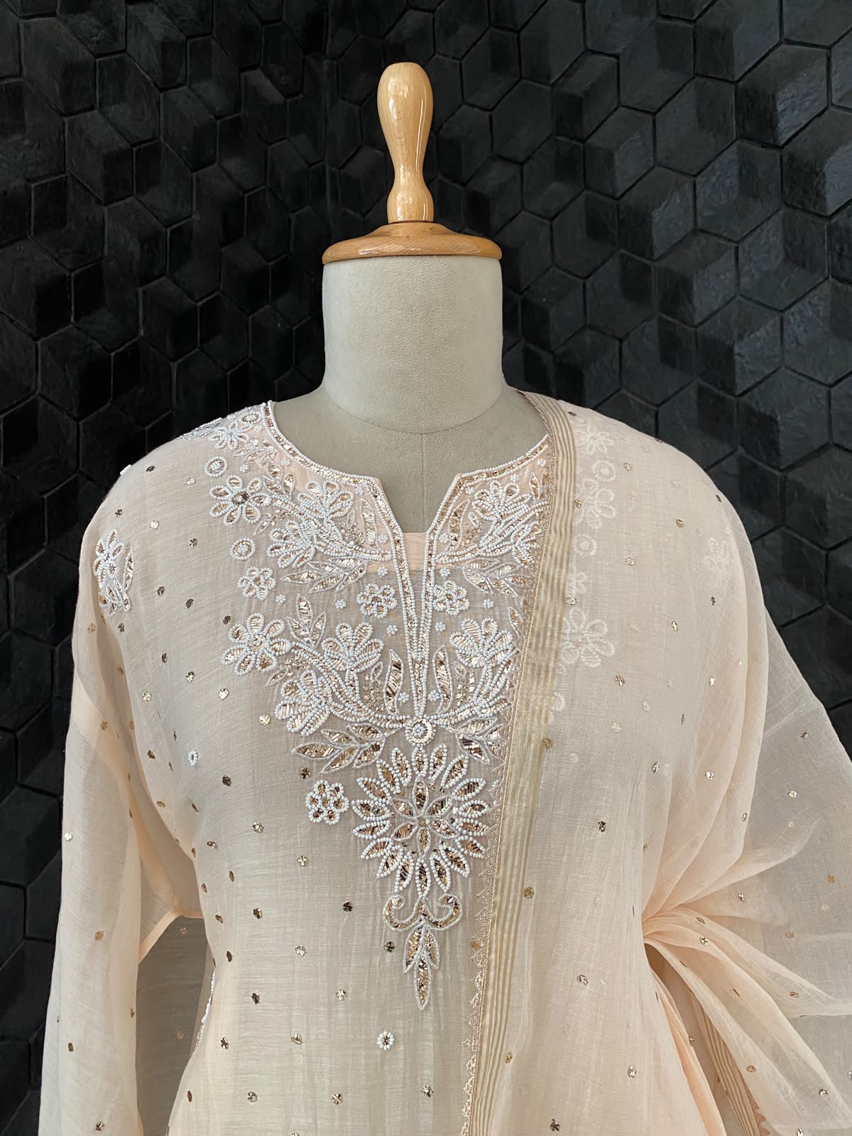 Peach Mul Chanderi Mukaish Kurta Set