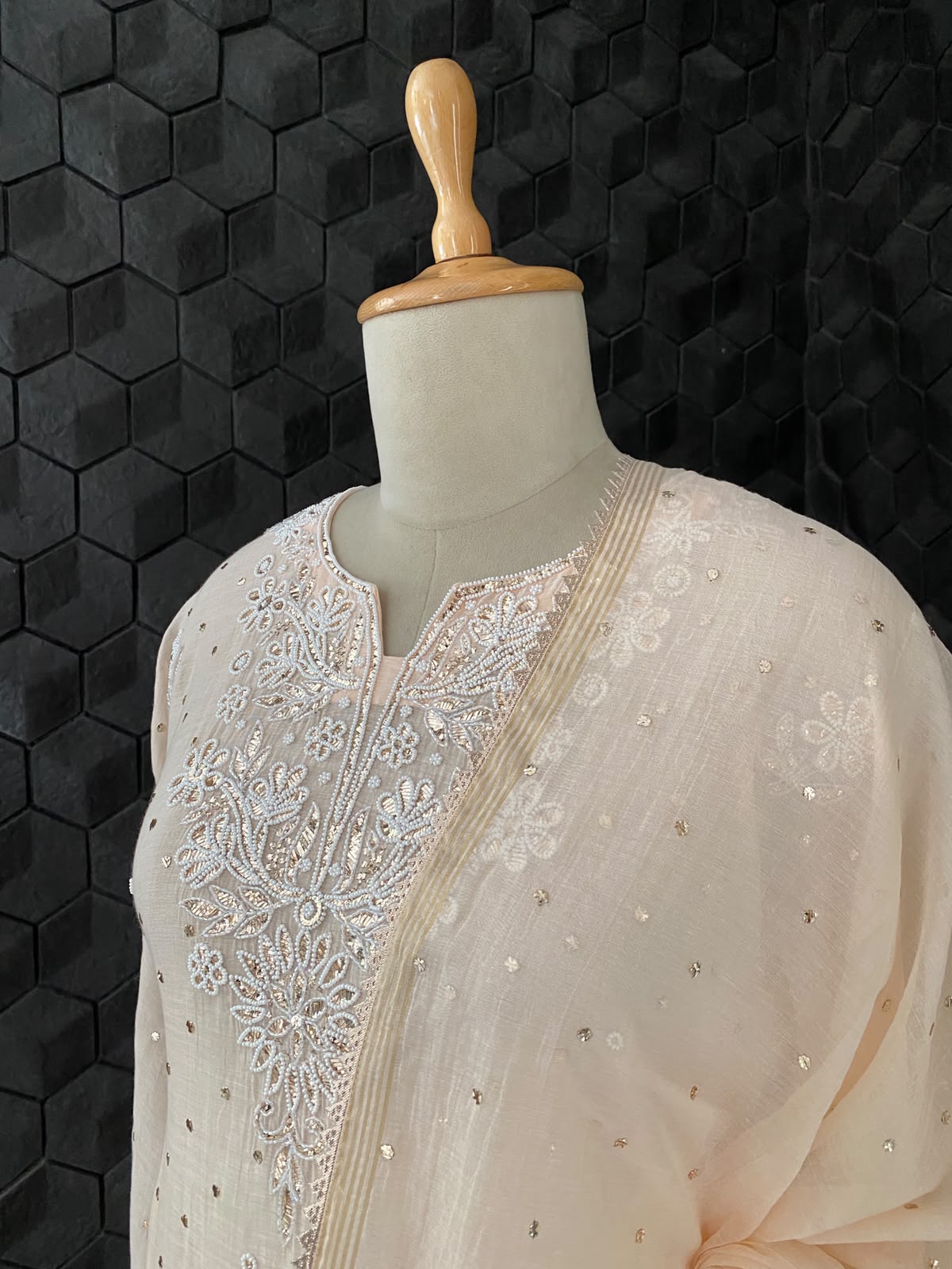 Peach Mul Chanderi Mukaish Kurta Set