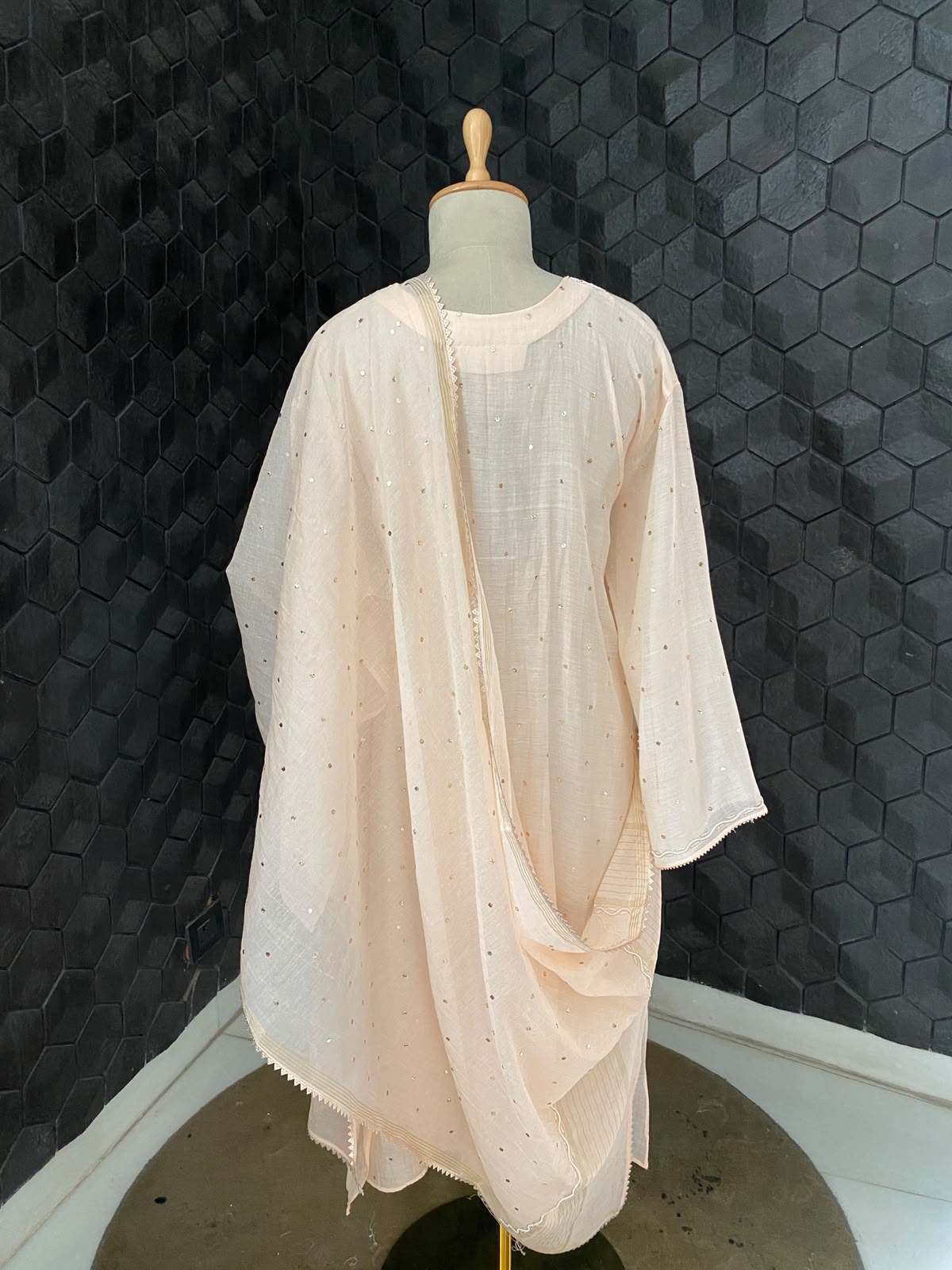 Peach Mul Chanderi Mukaish Kurta Set