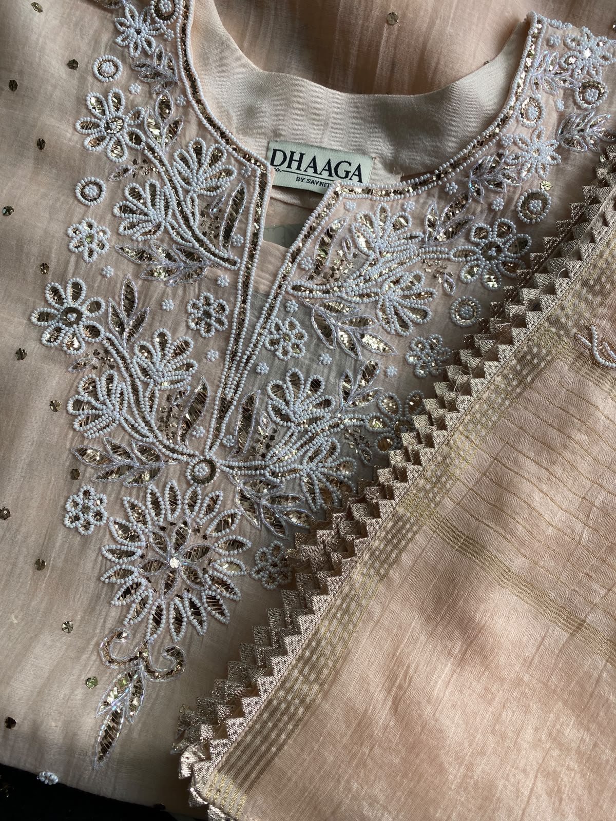 Peach Mul Chanderi Mukaish Kurta Set