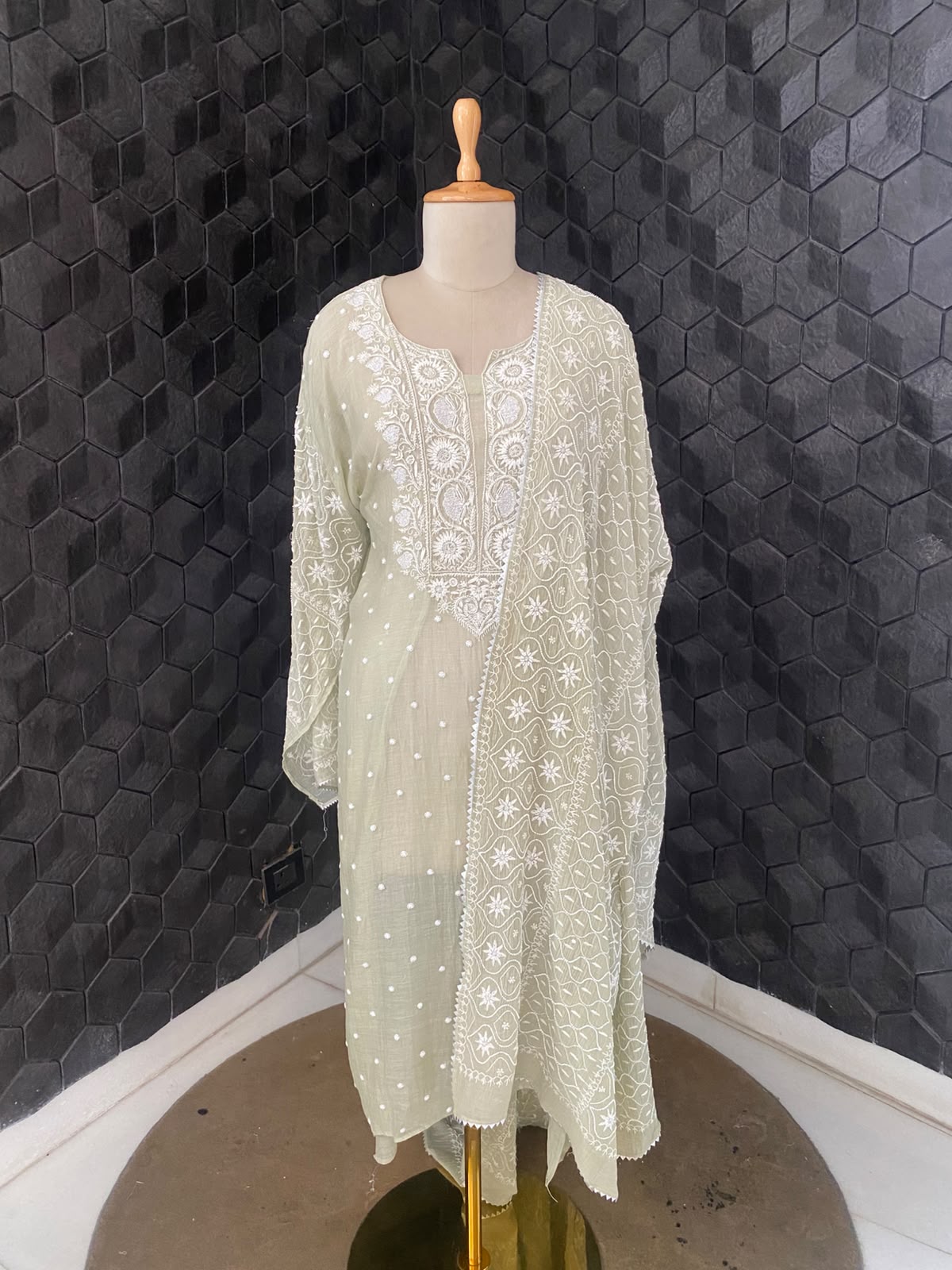 Sage Green Mul Chanderi Chikankari Kurta Set