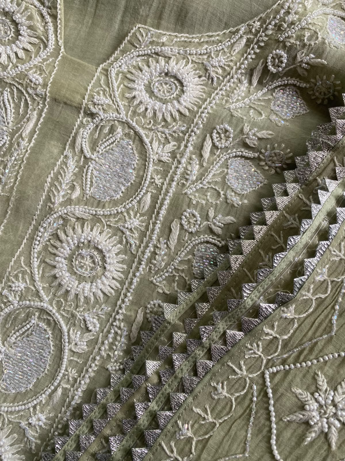 Sage Green Mul Chanderi Chikankari Kurta Set