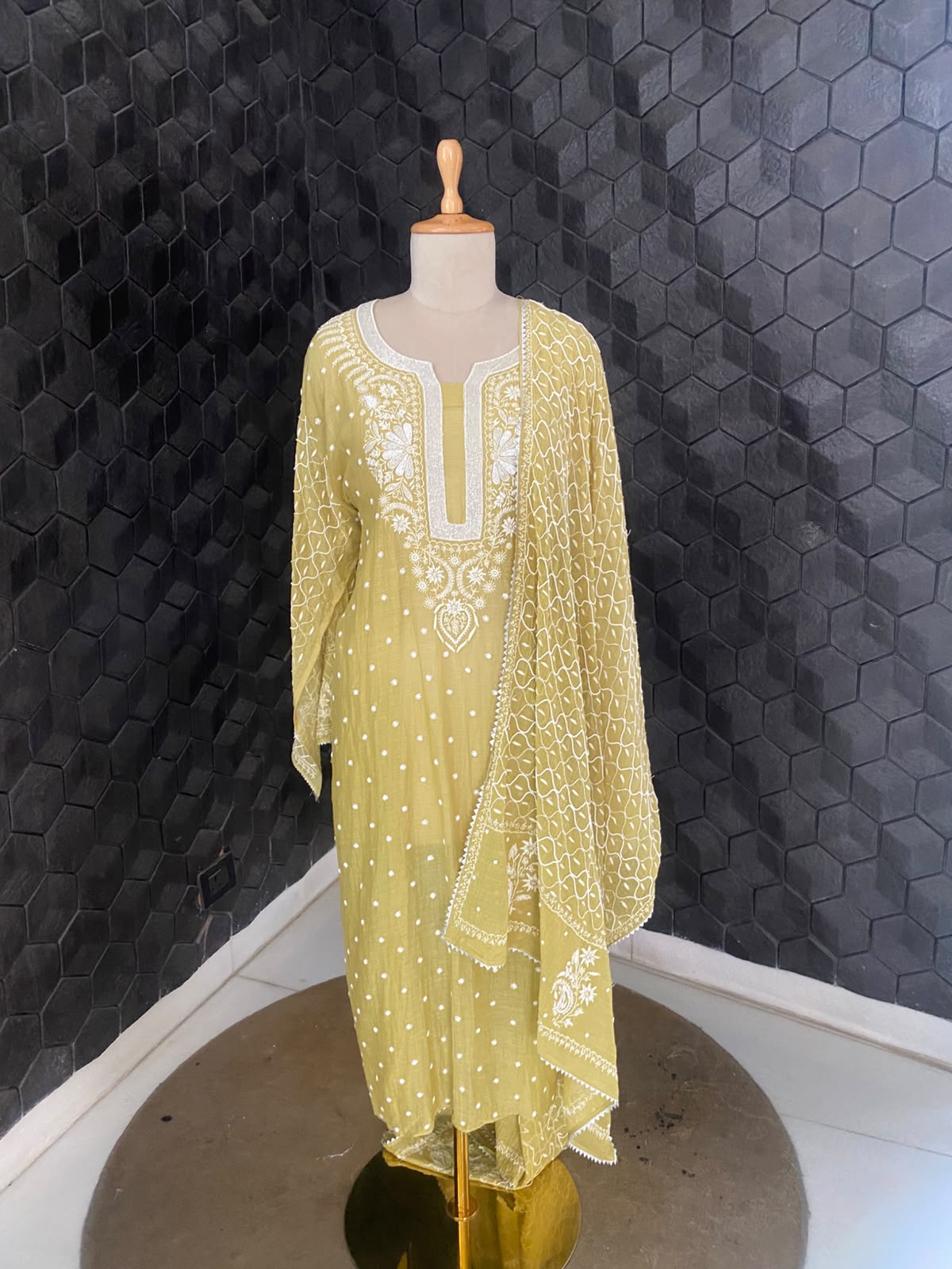 Olive Gold Chanderi Chikankari Kurta Set