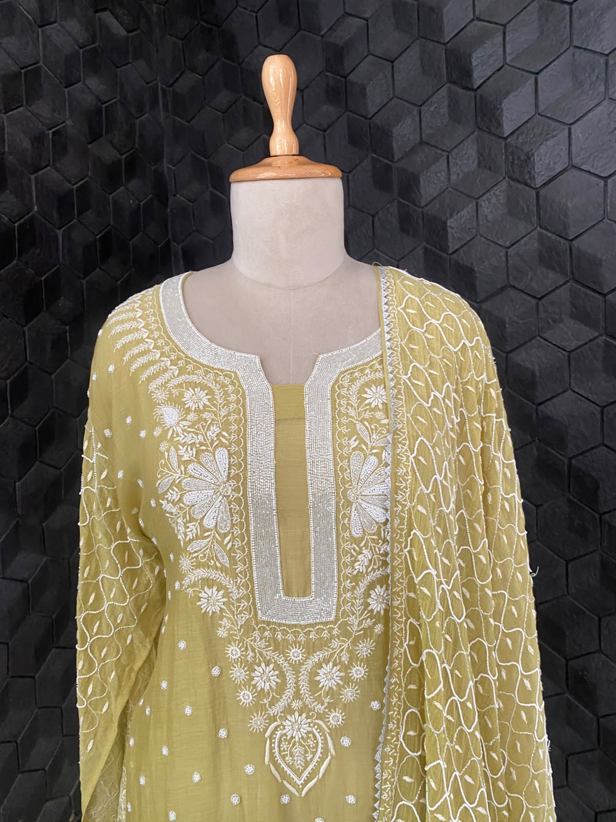 Olive Gold Chanderi Chikankari Kurta Set