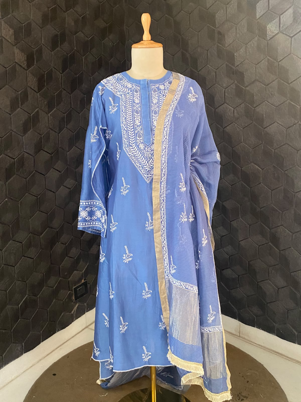 Royal Azure Blue Chanderi Chikankari Kurta Set