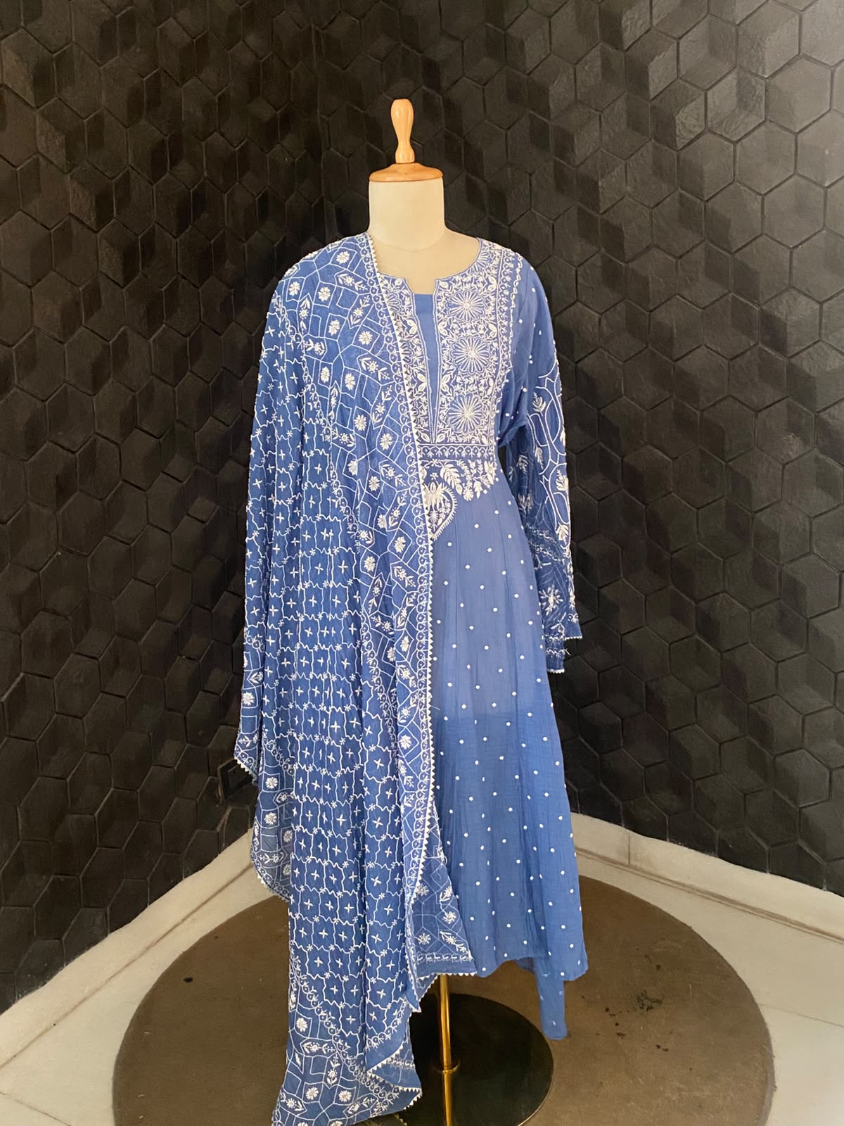 Cobalt Blue Mul Chanderi Chikankari Anarkali Set