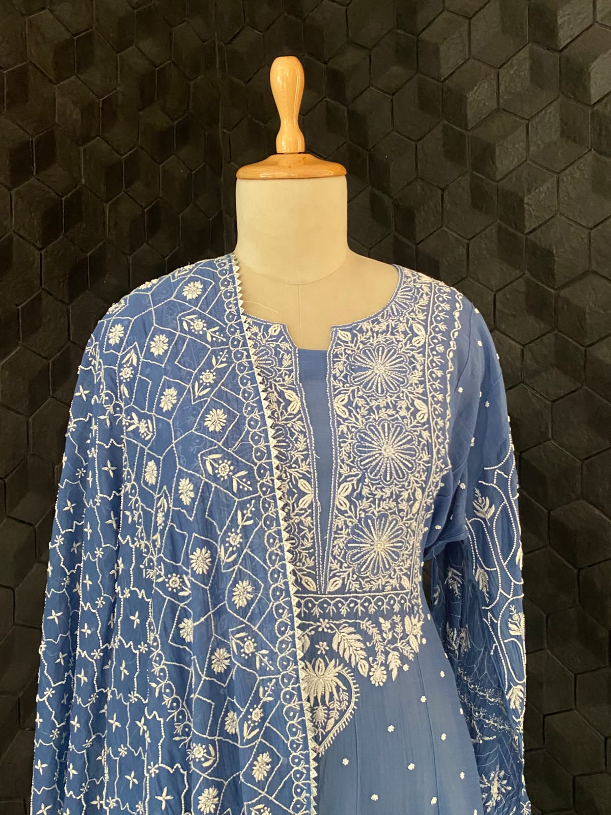 Cobalt Blue Mul Chanderi Chikankari Anarkali Set