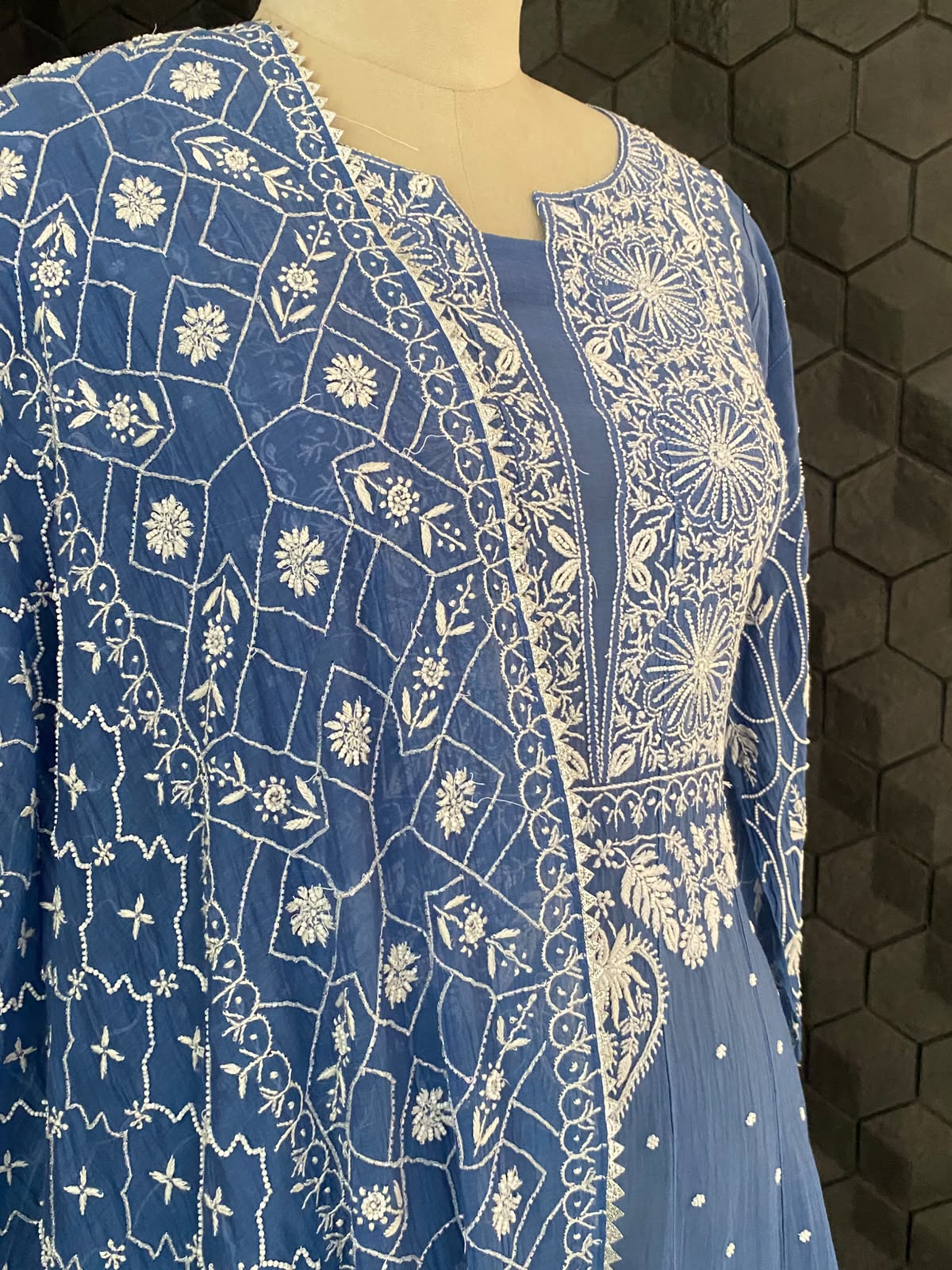 Cobalt Blue Mul Chanderi Chikankari Anarkali Set
