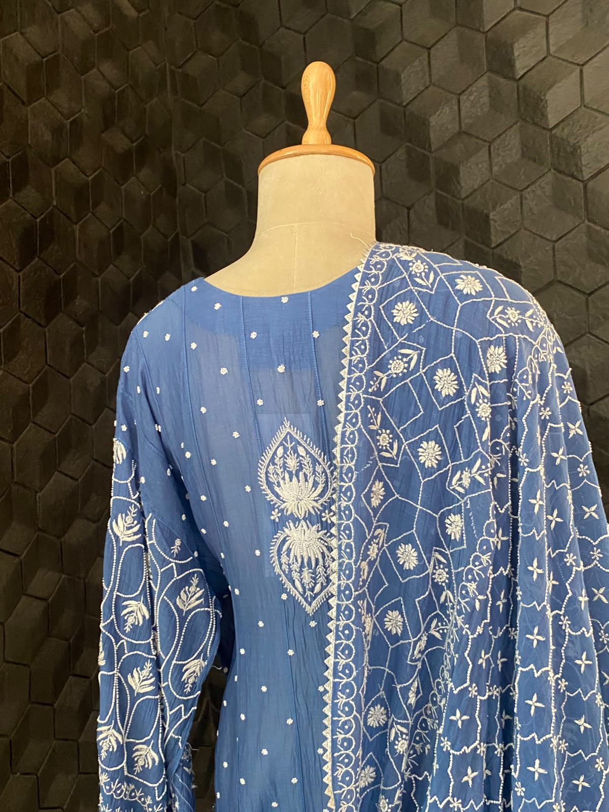 Cobalt Blue Mul Chanderi Chikankari Anarkali Set