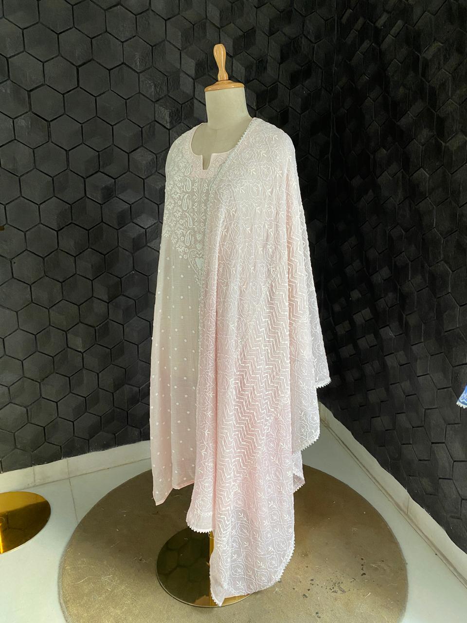 Pink mul chanderi chikankari kuta set