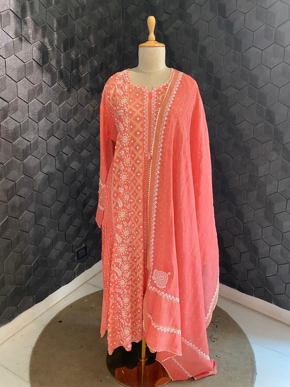 Coral Pink Chikankari Kurta Set