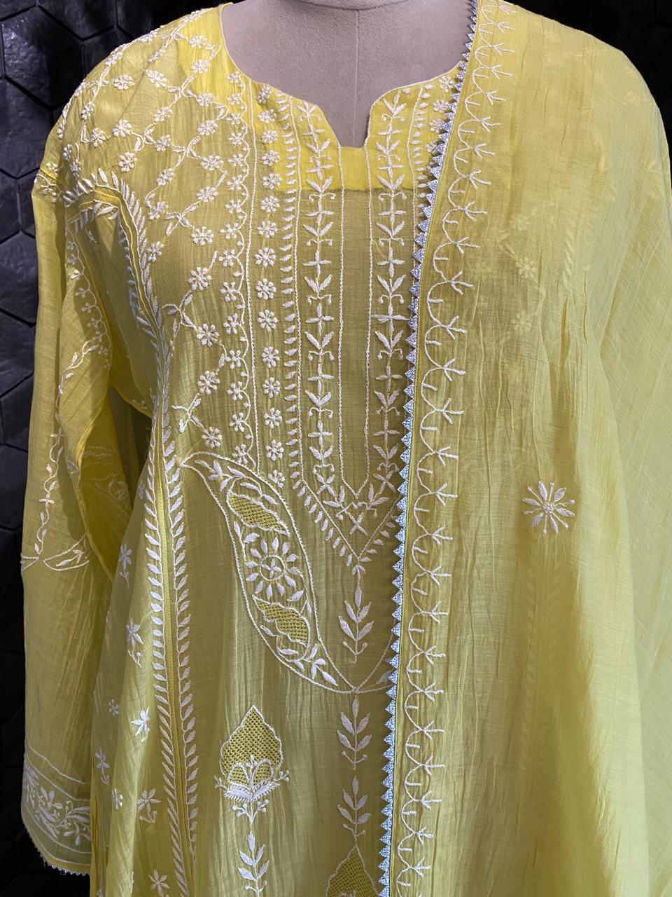 Yellow Mul Chanderi Chikankari Kurta Set