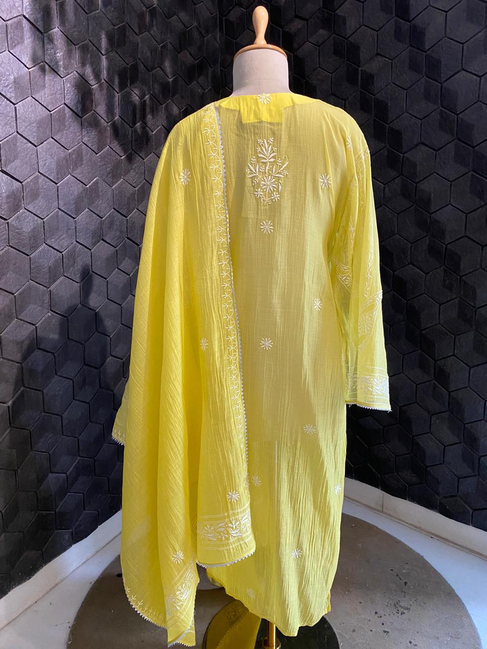 Yellow Mul Chanderi Chikankari Kurta Set