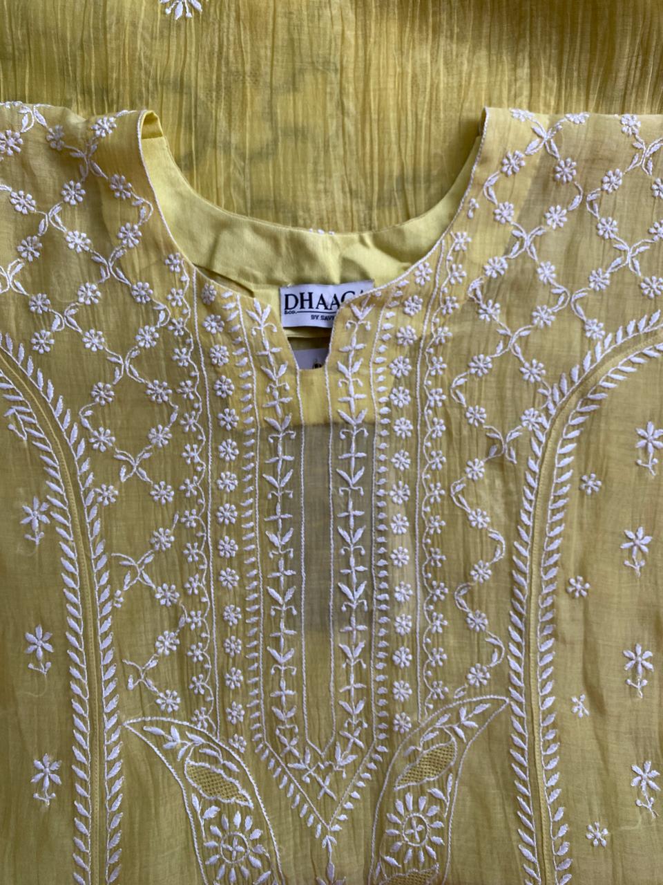 Yellow Mul Chanderi Chikankari Kurta Set