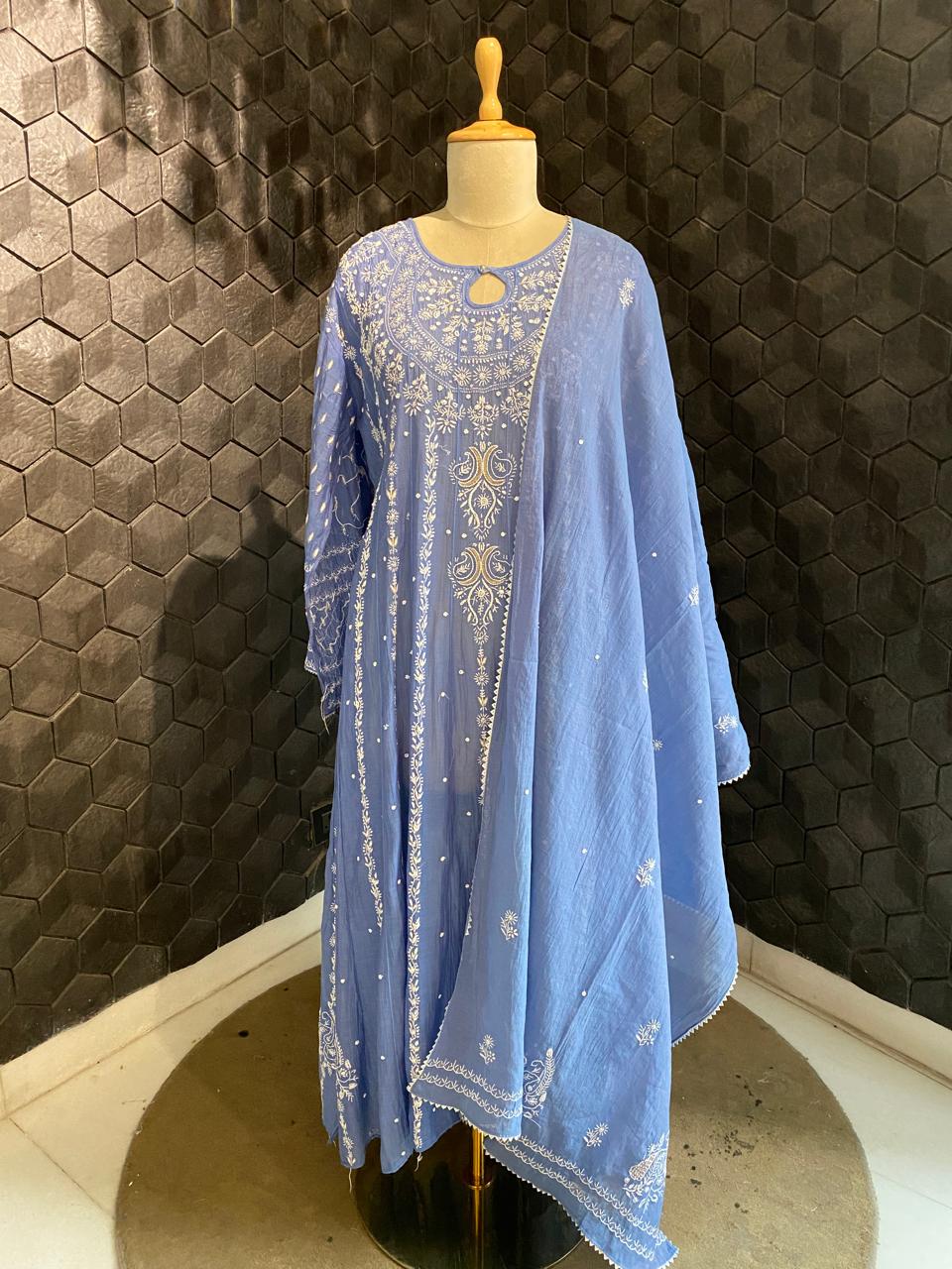 Cobalt Blue Mul Chanderi Anarkali kurta Set