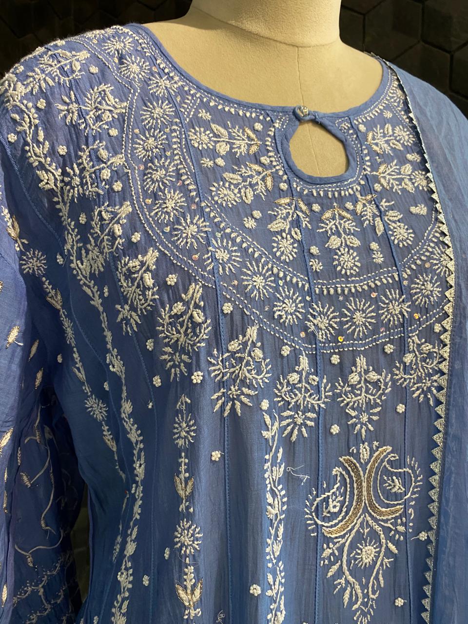 Cobalt Blue Mul Chanderi Anarkali kurta Set