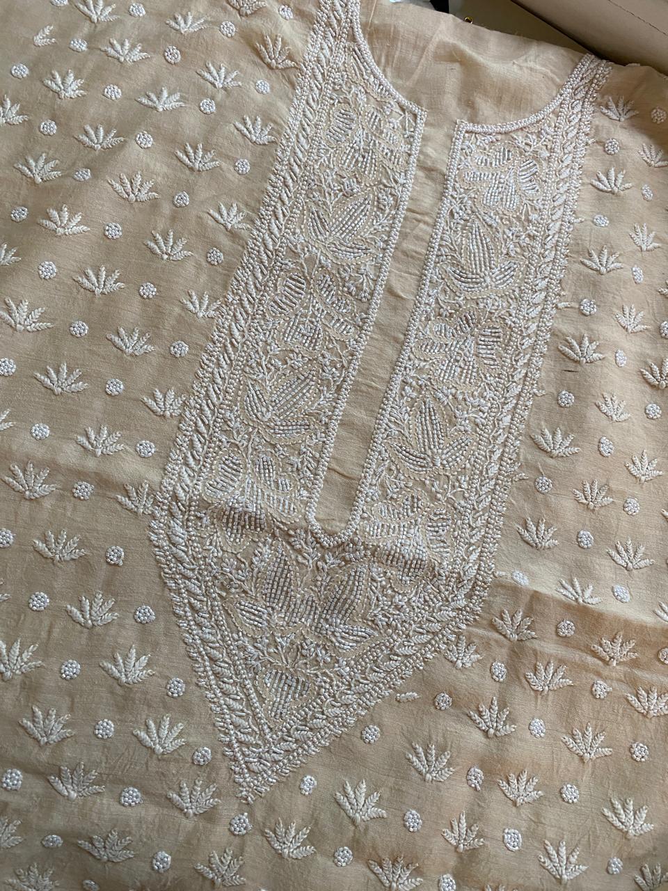 Beige Moonga Silk chikankari men’s kurta