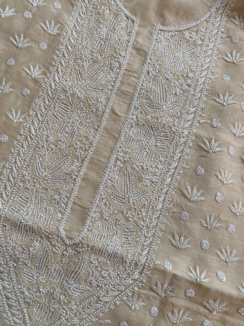 Beige Moonga Silk chikankari men’s kurta