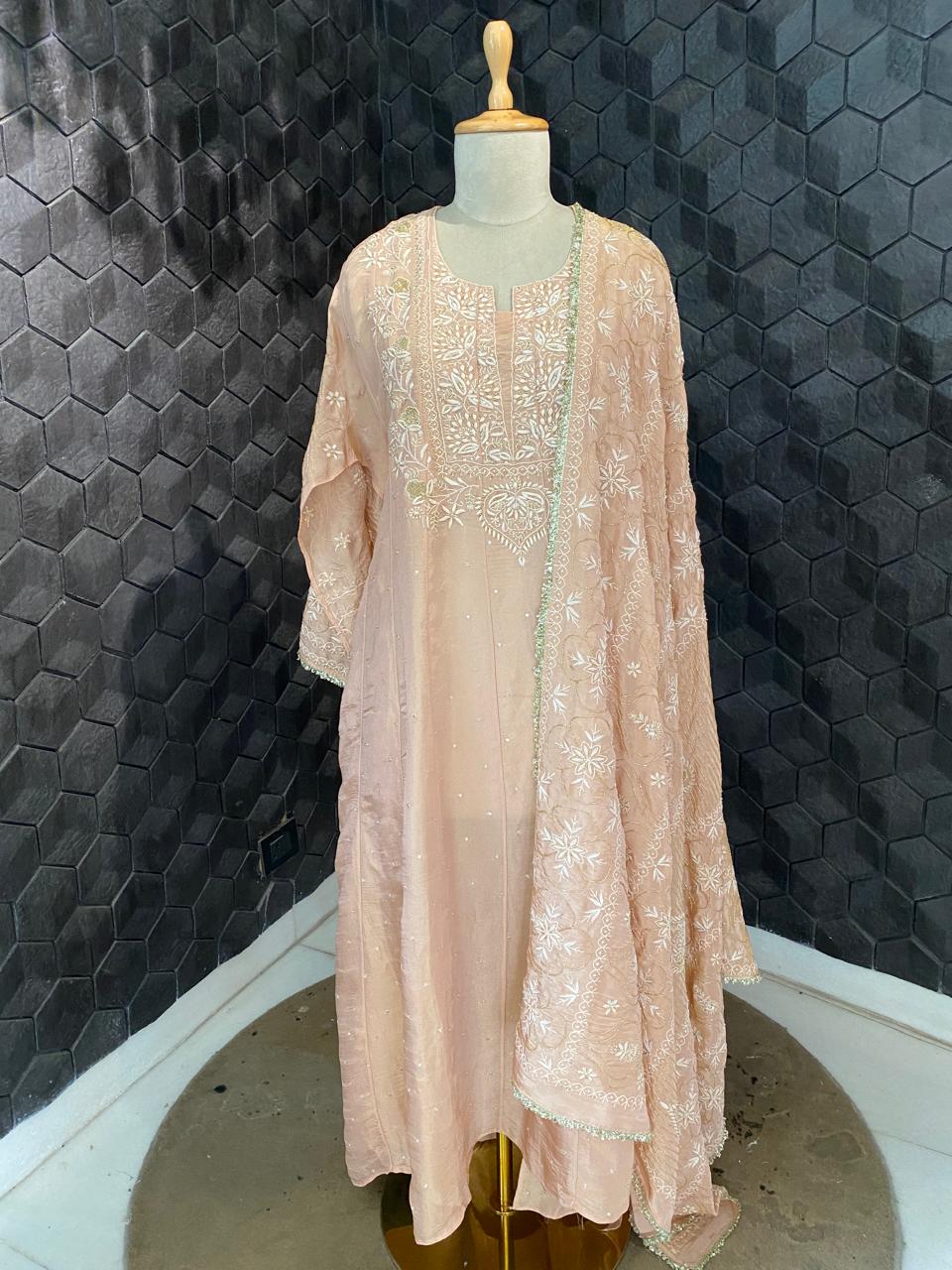 Peach Shimmer tissue Chikankari Anarkali kurta Set