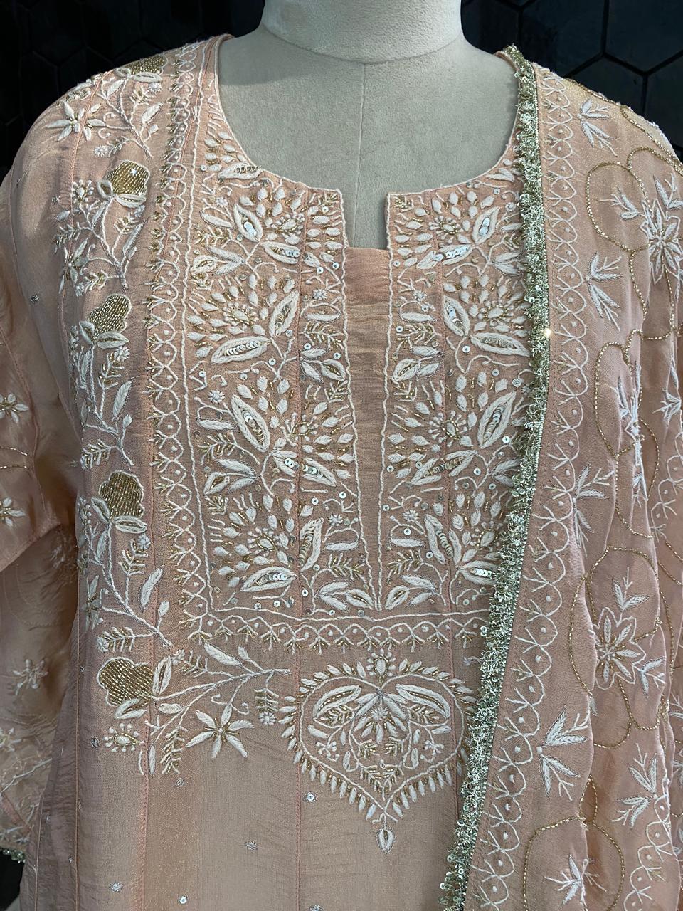 Peach Shimmer tissue Chikankari Anarkali kurta Set