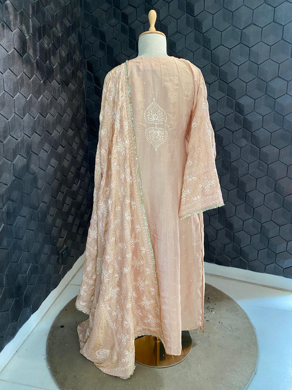Peach Shimmer tissue Chikankari Anarkali kurta Set