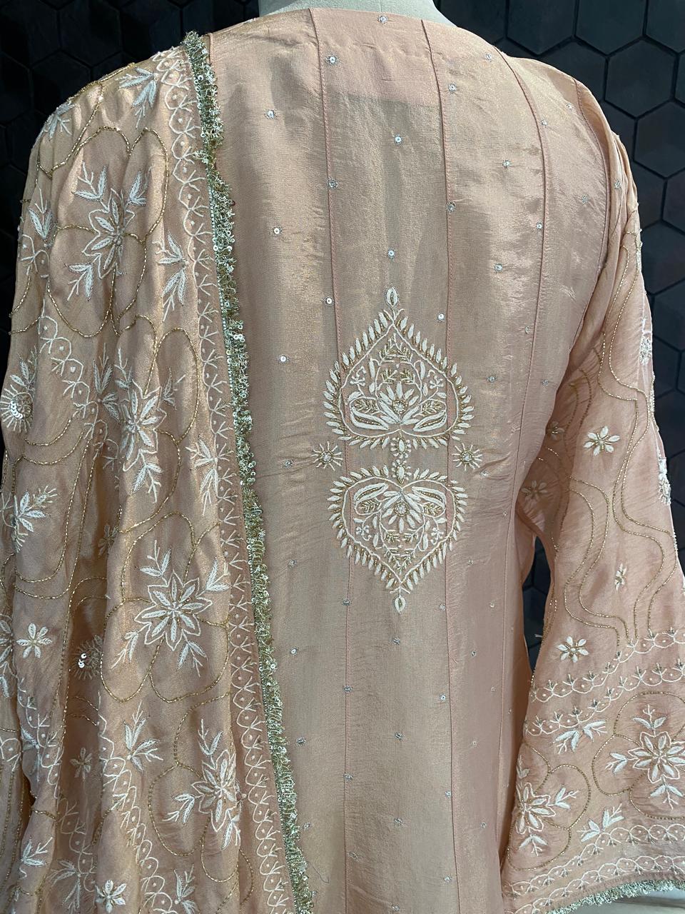 Peach Shimmer tissue Chikankari Anarkali kurta Set