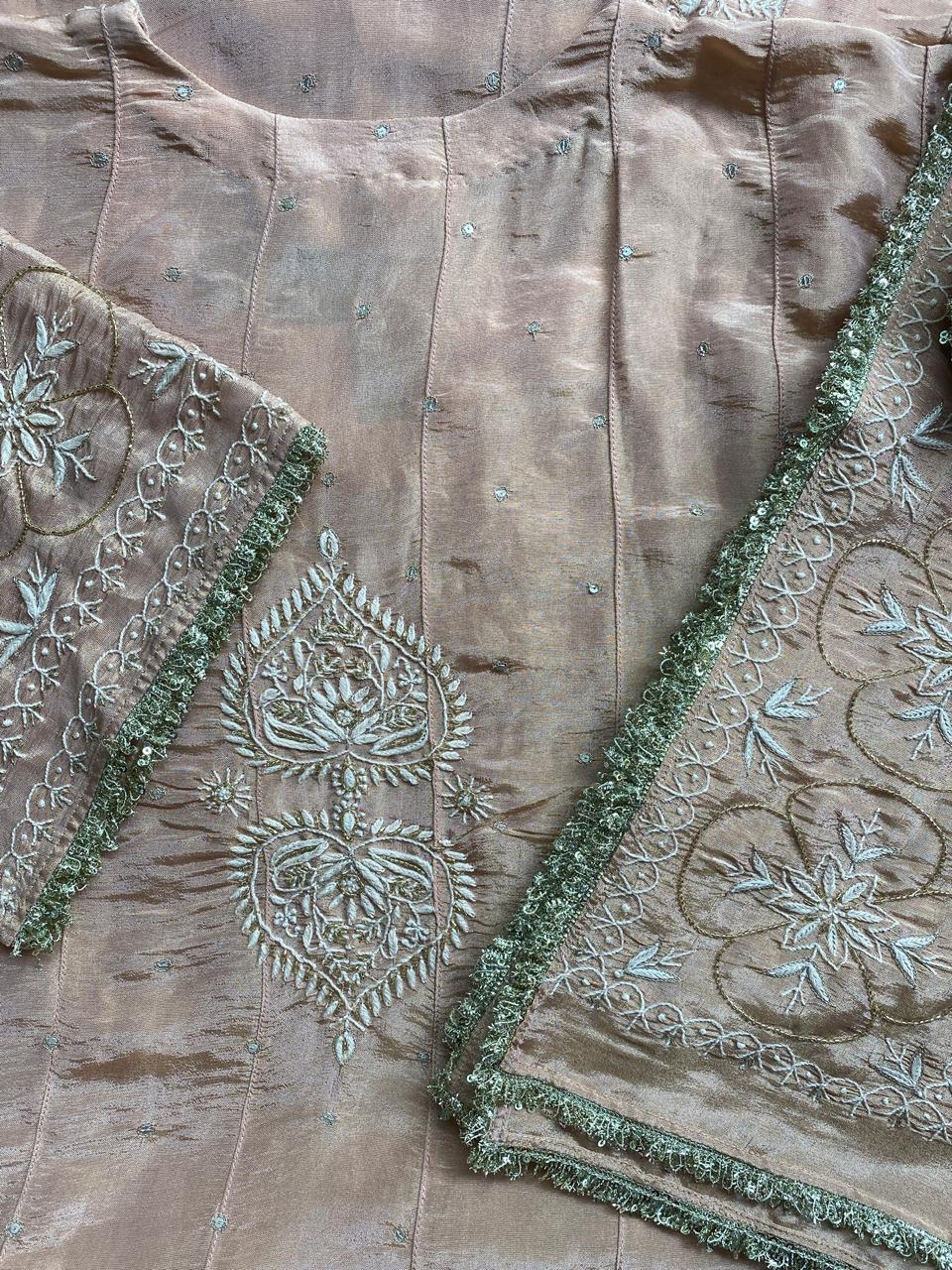 Peach Shimmer tissue Chikankari Anarkali kurta Set