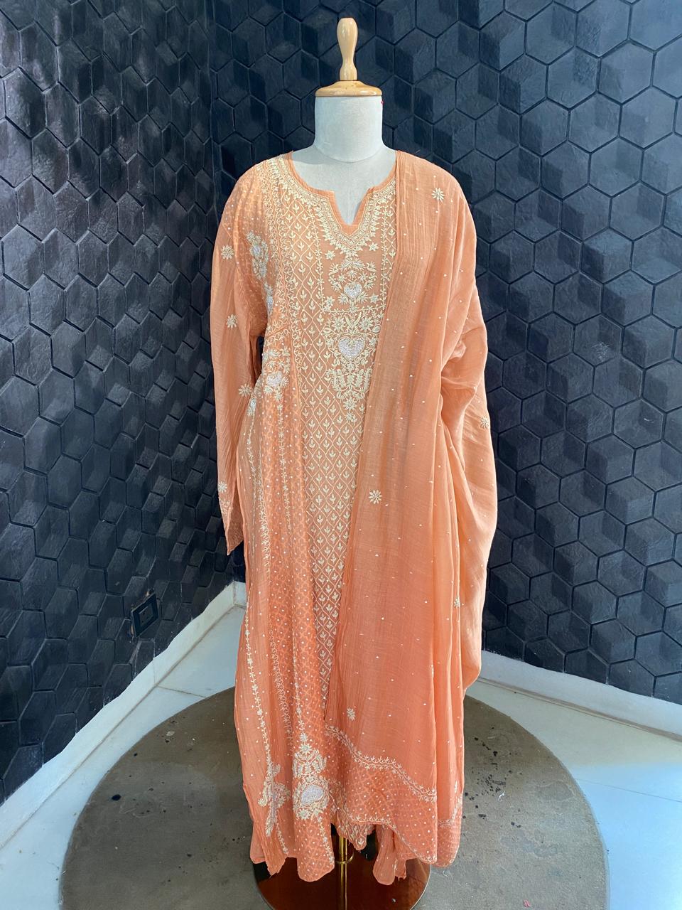 Orange mul chanderi chikankari Anarkali kurta set