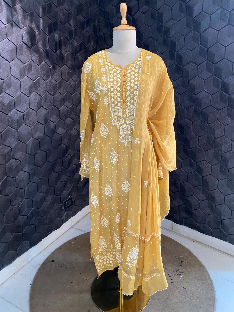 Mustard yellow Golden Tissue Chikankari Kurta Set