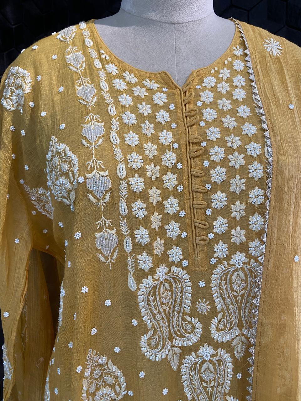 Mustard yellow Golden Tissue Chikankari Kurta Set