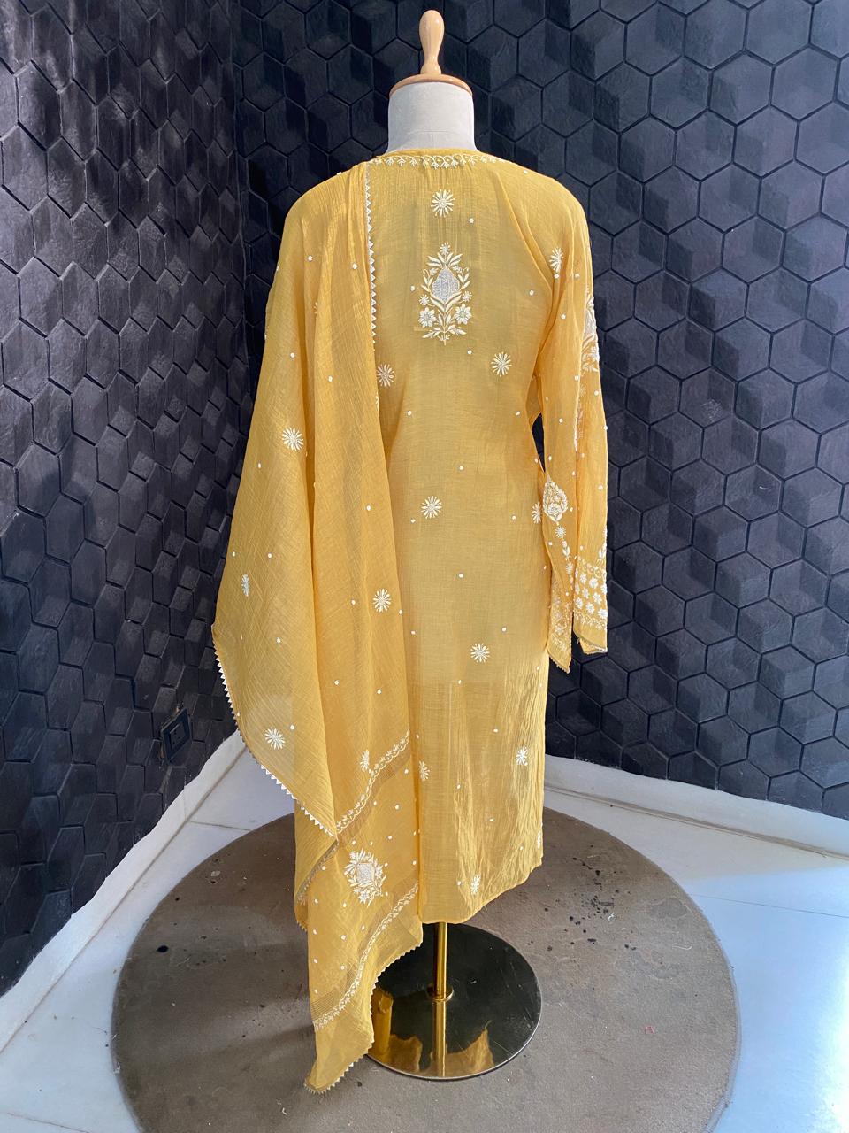 Mustard yellow Golden Tissue Chikankari Kurta Set