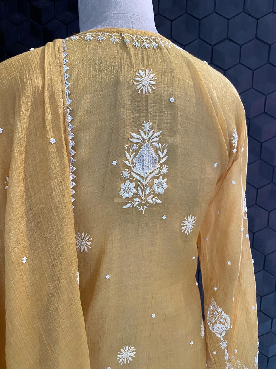 Mustard yellow Golden Tissue Chikankari Kurta Set