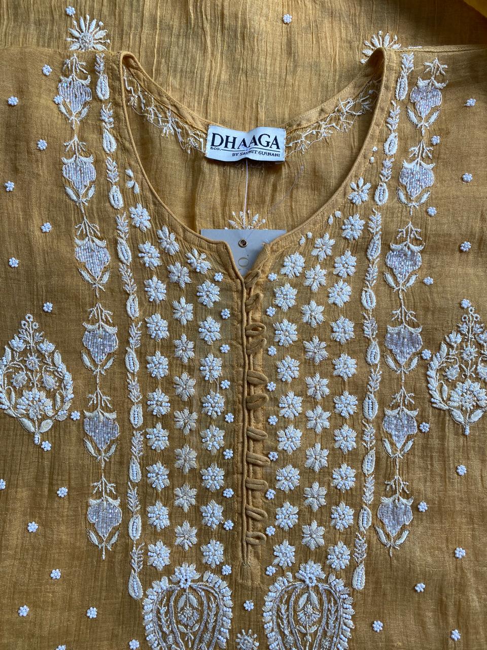 Mustard yellow Golden Tissue Chikankari Kurta Set
