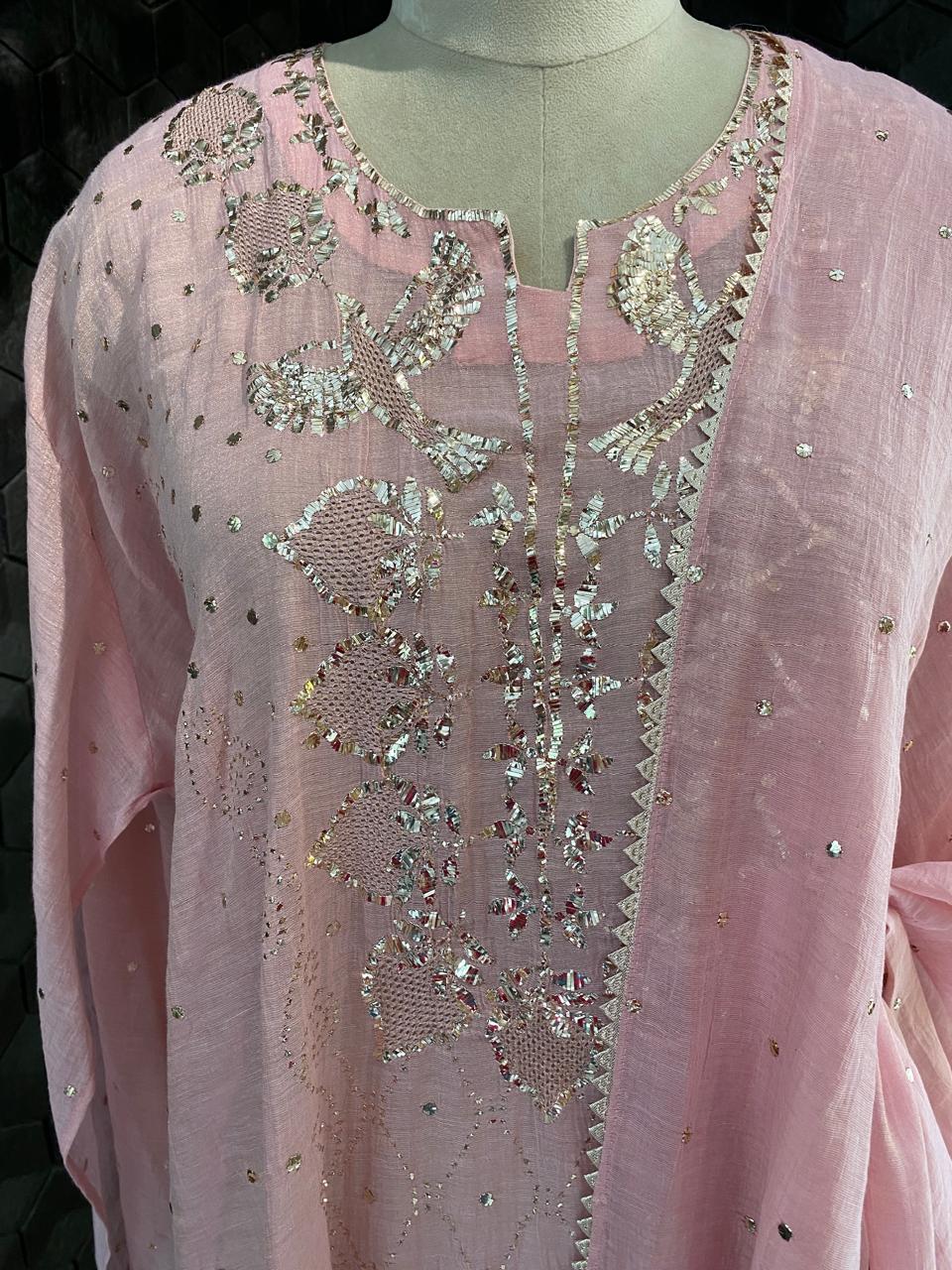 pink Golden Tissue chikankari kurta set