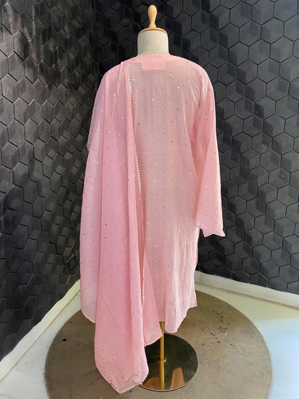 pink Golden Tissue chikankari kurta set