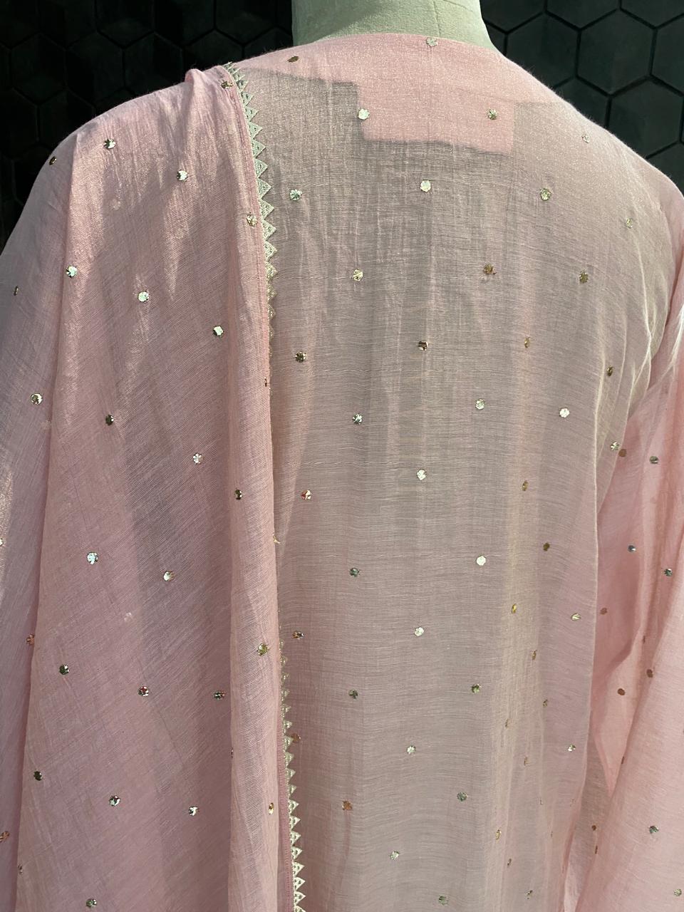 pink Golden Tissue chikankari kurta set