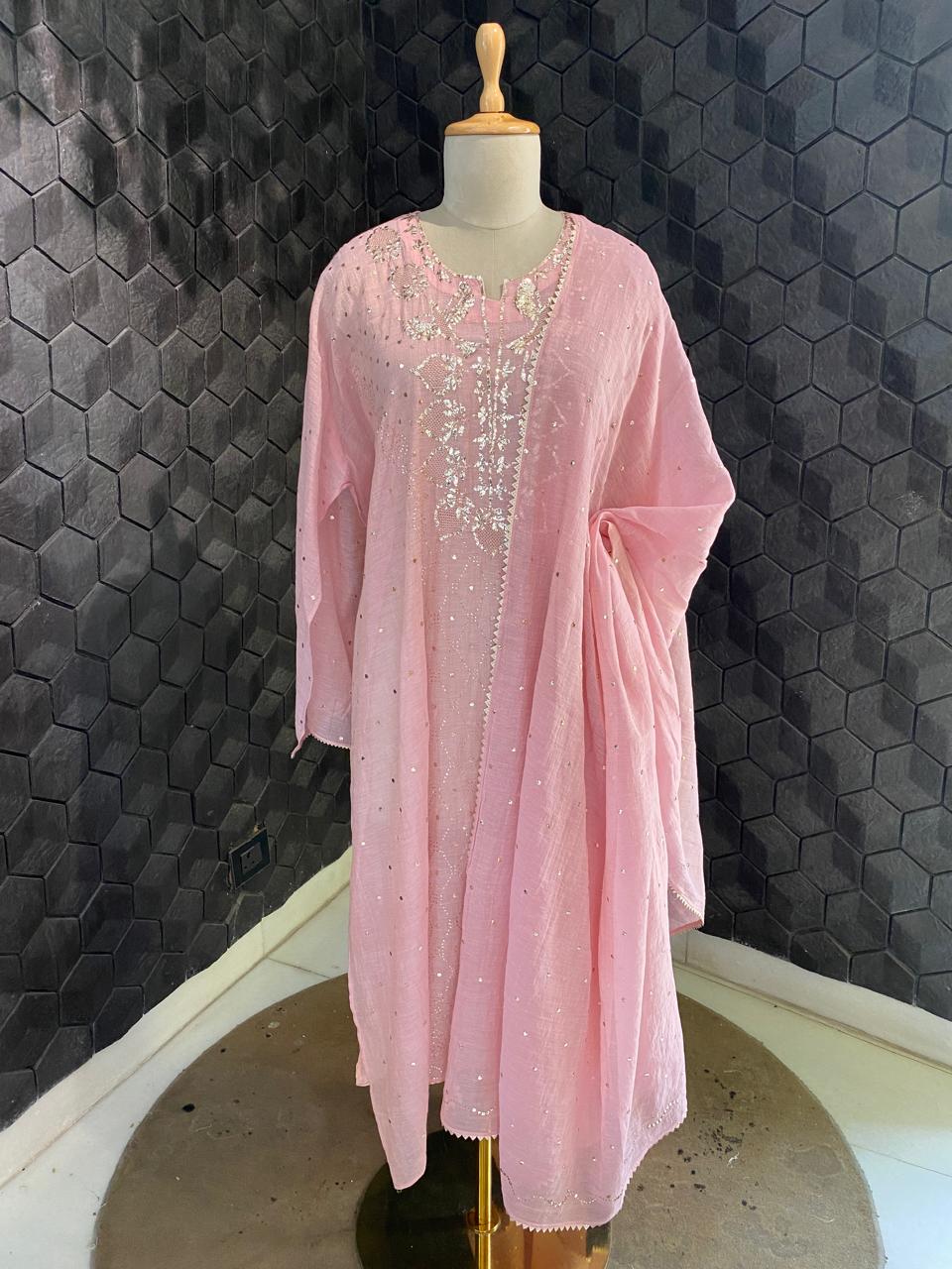 pink Golden Tissue chikankari kurta set
