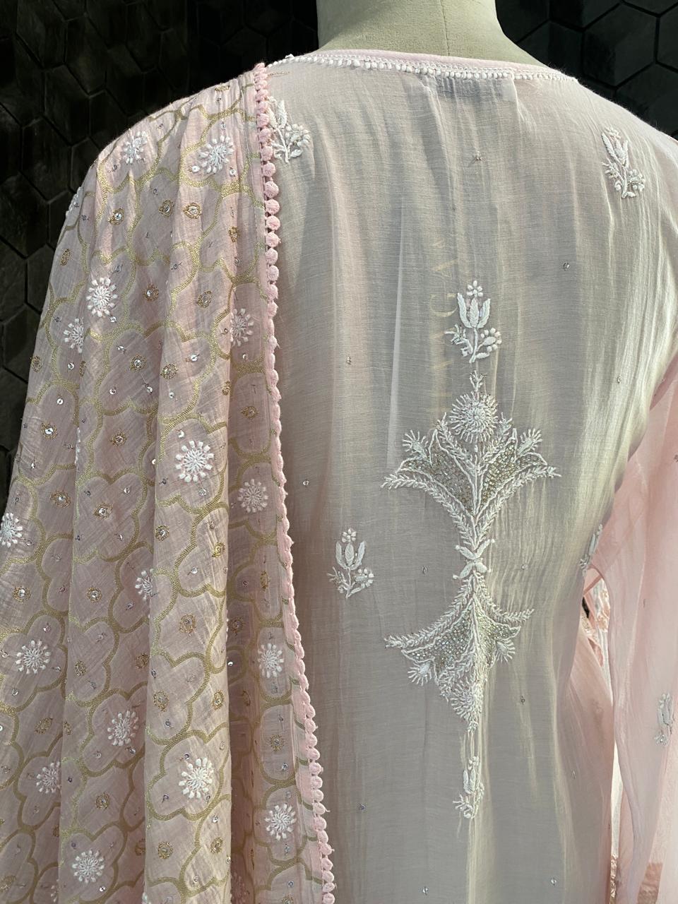 Pink Mul Chanderi Chikankari Kurta Set
