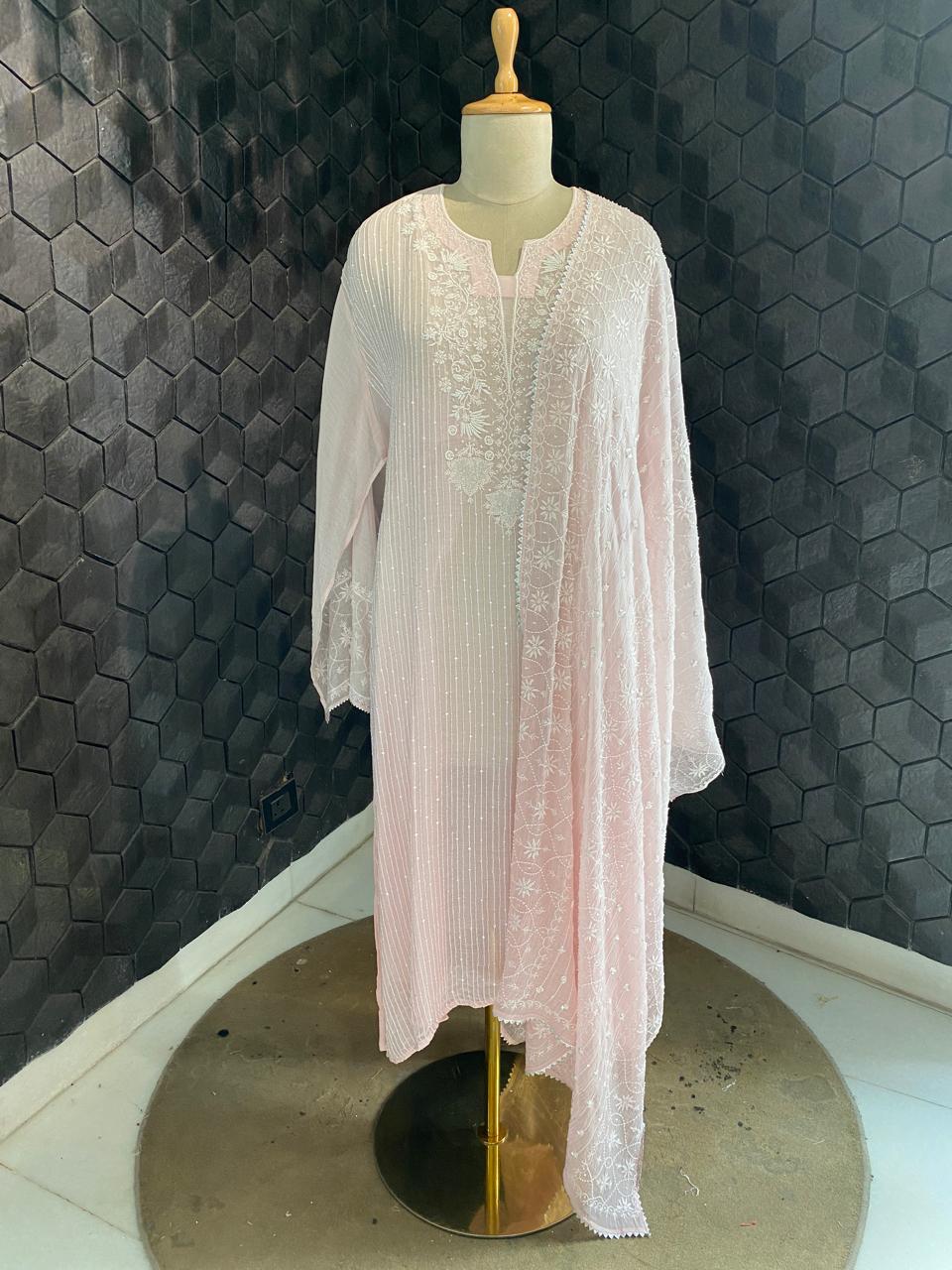 pink mul chanderi chikankari kurta set
